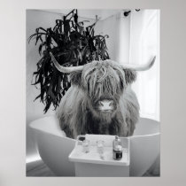 Highland cow Bathtub Black White Bathroom  Poster