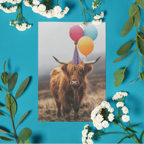 Highland Cow Birthday  Balloons Card