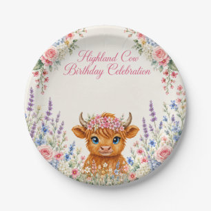 Highland Cow Birthday Celebration Floral Paper Plates