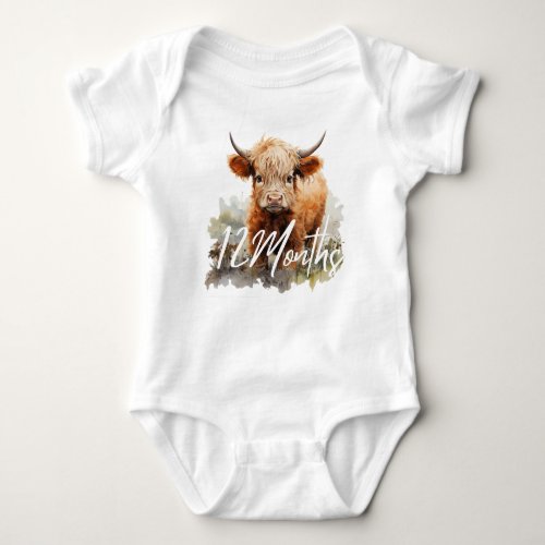 Highland Cow Birthday Milestone 12 Months Baby Baby Bodysuit
