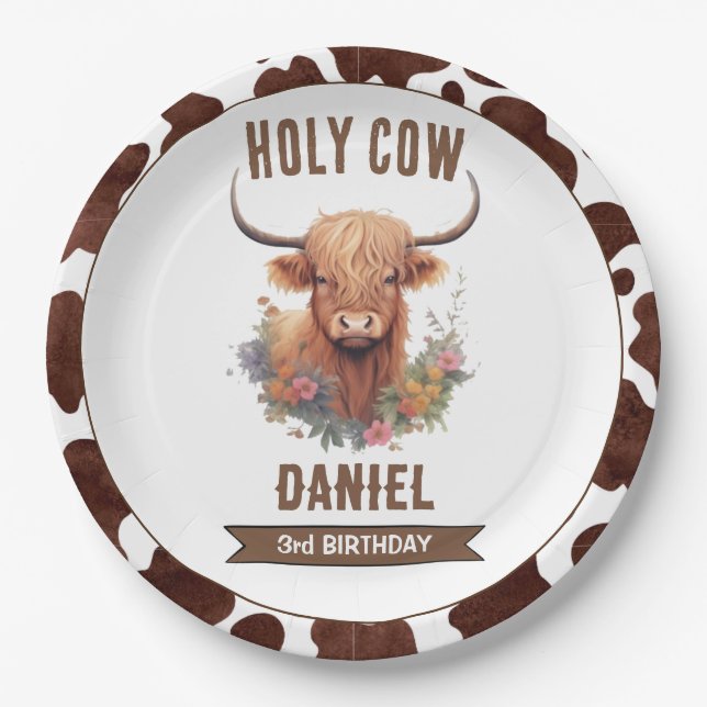Highland Cow Birthday Paper Plates (Front)