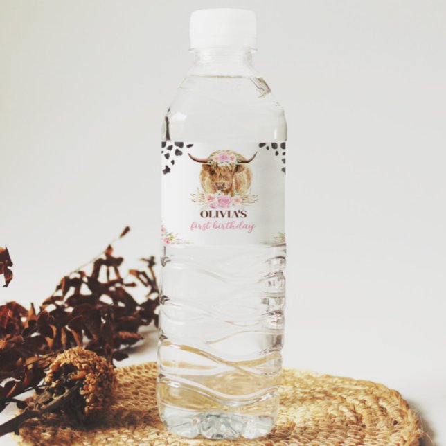 Highland Cow Birthday Party Water Bottle Label (Creator Uploaded)