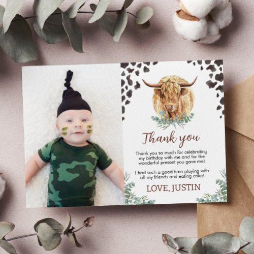 Highland Cow Birthday Photo Thank You Card