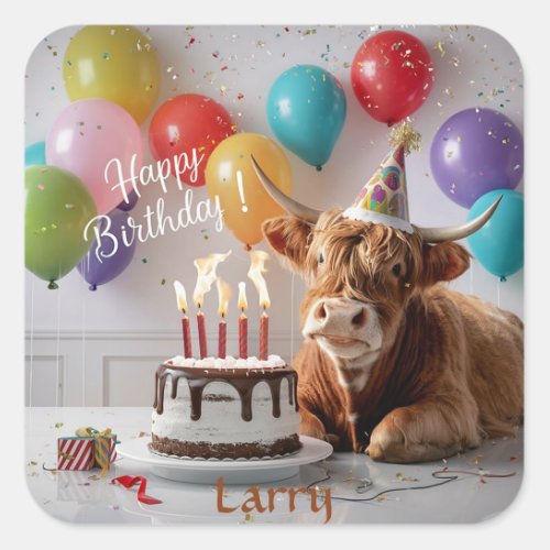 Highland Cow Birthday Square Sticker