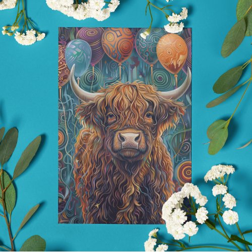 Highland Cow Birthday Whimsical  Balloons Card