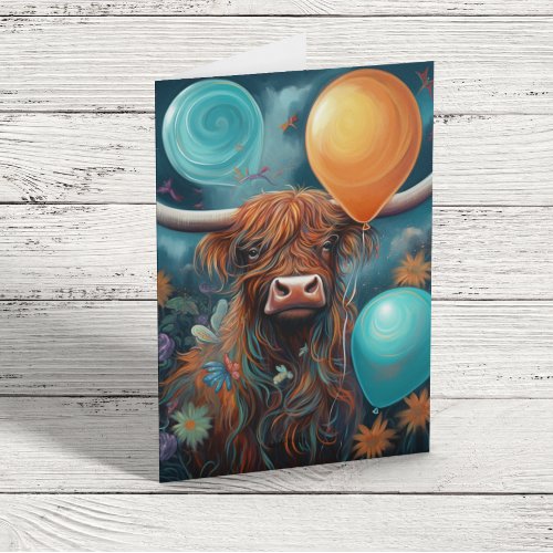 Highland Cow Birthday Whimsical  Balloons Card