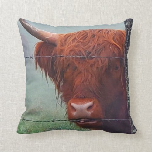 Highland Cow Biting A Wire Fence Throw Pillow