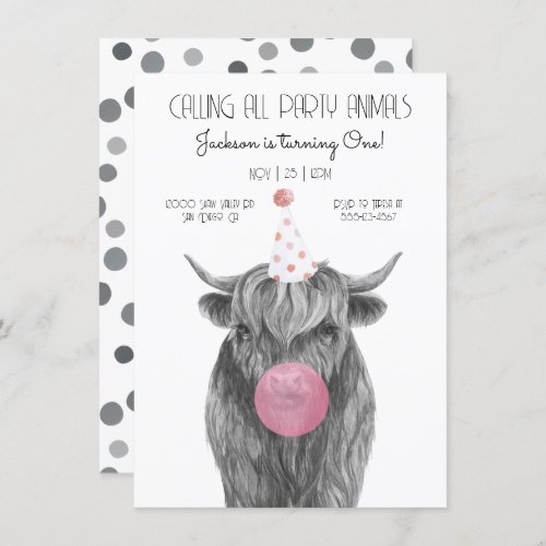 Highland Cow black and white Birthday Party Invitation