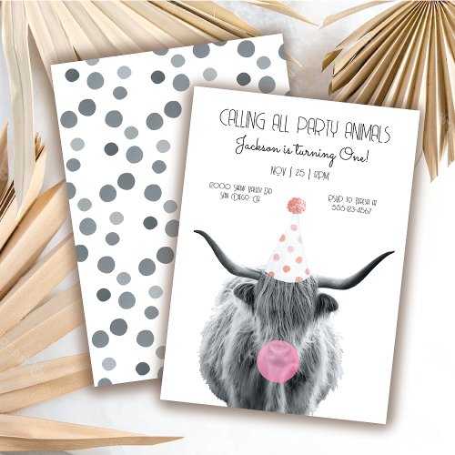 Highland Cow black and white Birthday Party Invitation