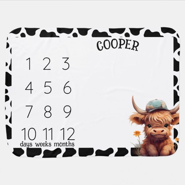 Highland cow black and white milestone blanket (Horizontal)