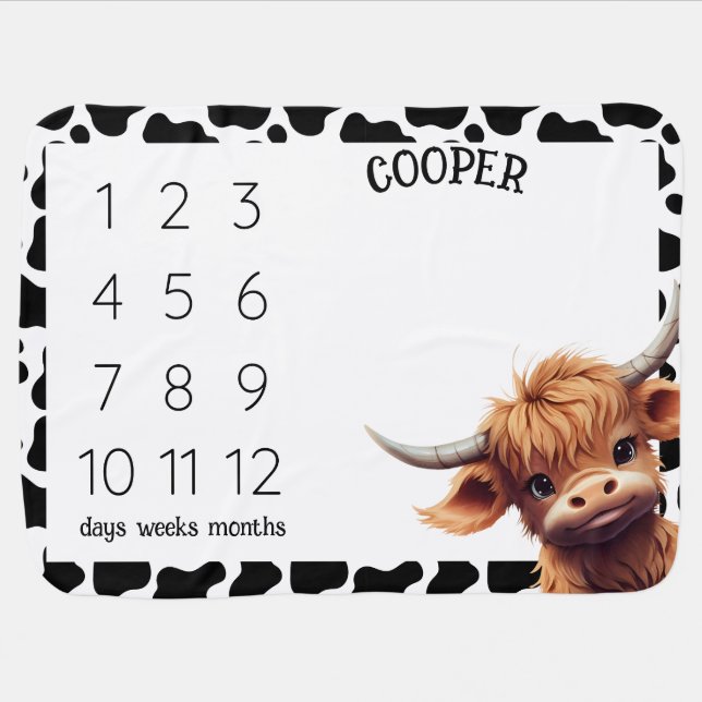 Highland cow black and white milestone blanket (Horizontal)