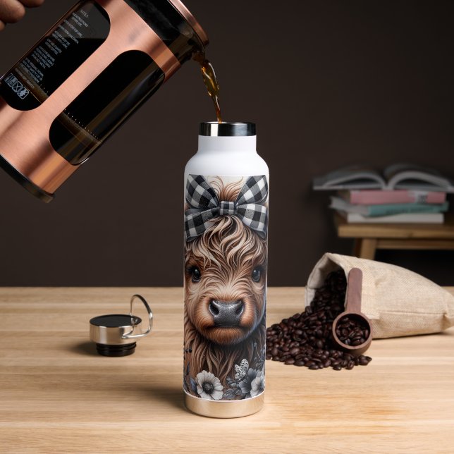 Highland Cow Black White Plaid Floral Rustic  Water Bottle (Coffee)