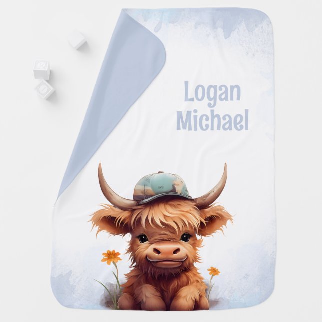 Highland cow blue boho personalized baby blanket (In Situ)