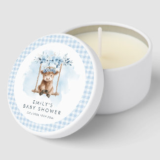 Highland Cow Blue Gingham Boy Baby Shower Favor Mini Candle Favors