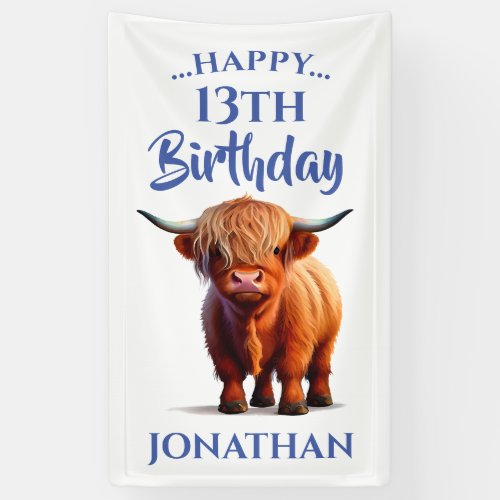 Highland Cow Blue Happy Birthday Banner