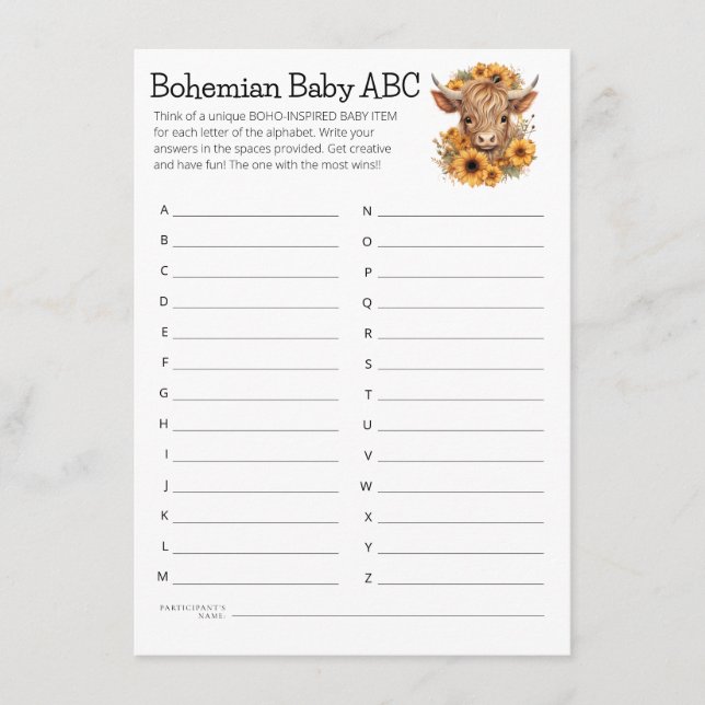 Highland Cow Boho Baby ABC Shower Game Card (Front)