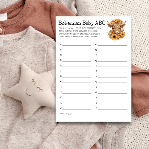 Highland Cow Boho Baby ABC Shower Game Card