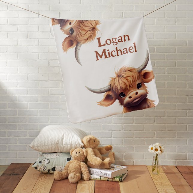Highland cow boho boy personalized baby blanket (In Situ)