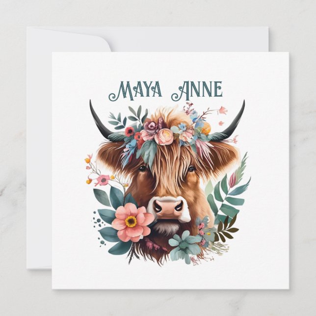 Highland Cow Boho Floral Watercolor card (Front)