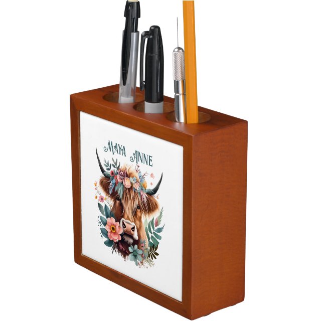 Highland Cow Boho Floral Watercolor Desk Organizer (In Situ)
