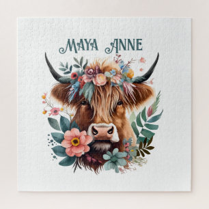 Highland Cow Boho Floral Watercolor Jigsaw Puzzle