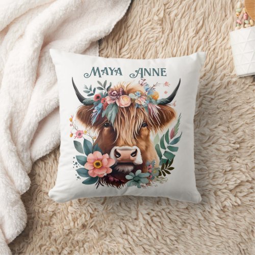 Highland Cow Boho Floral Watercolor Throw Pillow