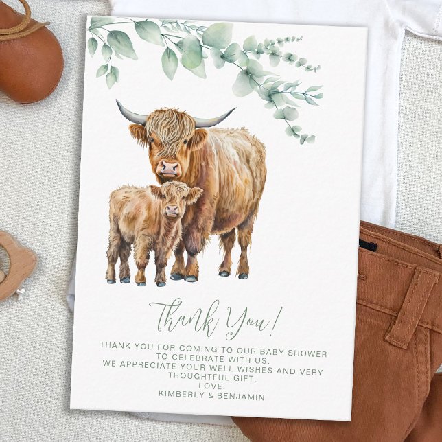 Highland Cow Boho Greenery Baby Shower Thank You Note Card (Creator Uploaded)