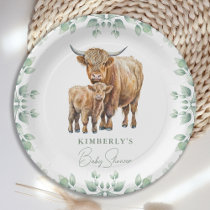 Highland Cow Boho Greenery Farm Animal Baby Shower Paper Plates