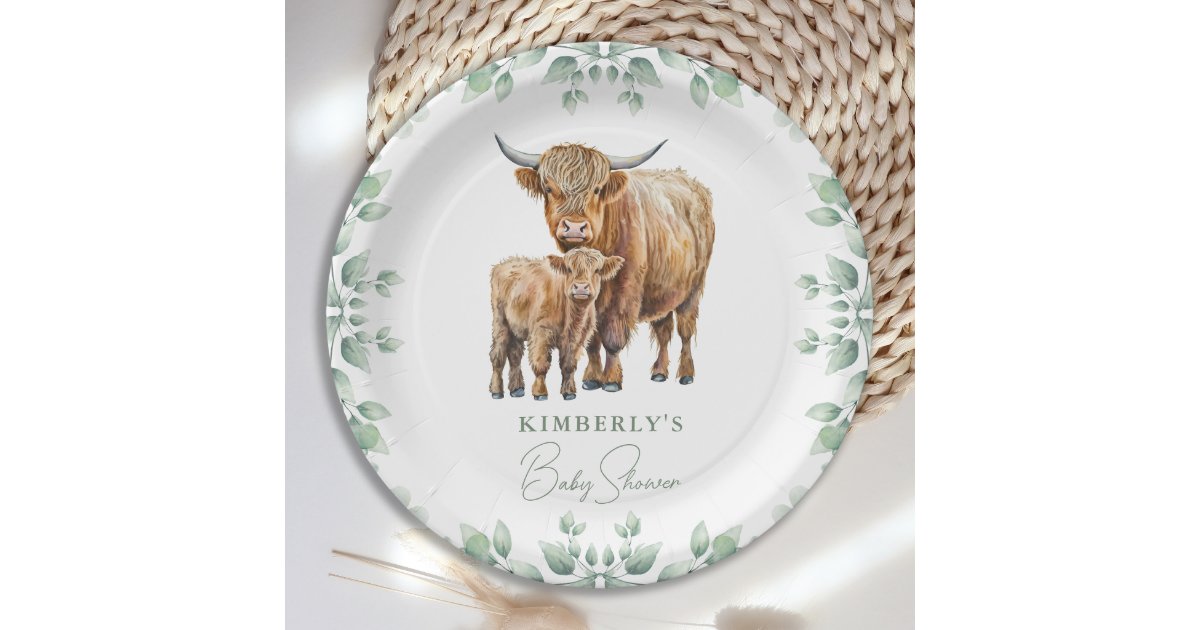 Highland Cow Boho Greenery Farm Animal Baby Shower Paper Plates
