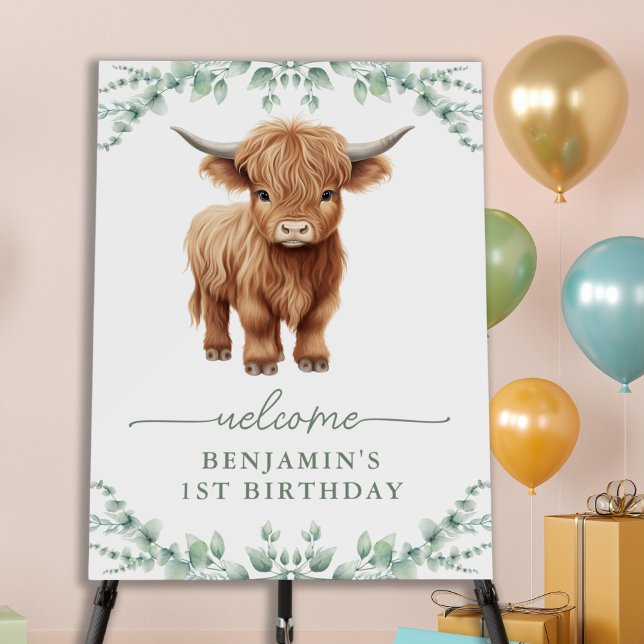 Highland Cow Boho Greenery Farm Animal Birthday Foam Board (Creator Uploaded)