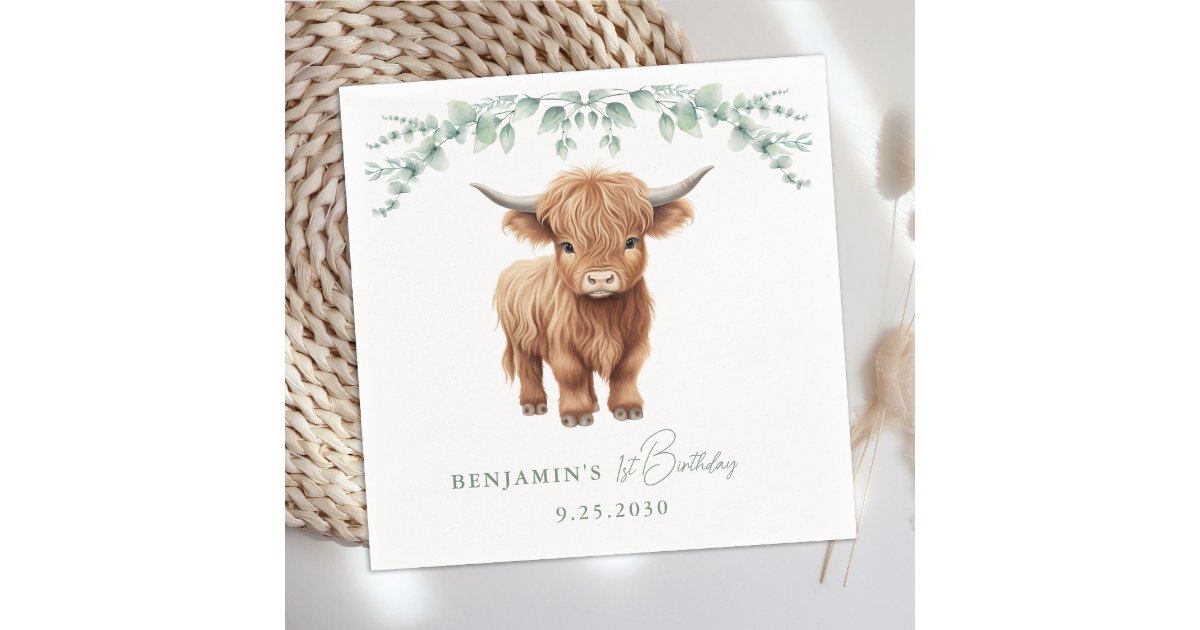 Highland Cow Boho Greenery Farm Animal Birthday Napkins