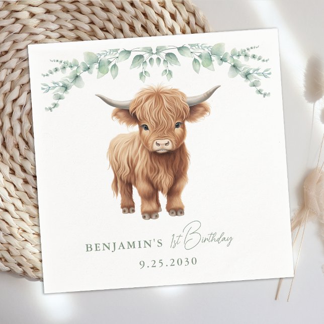 Highland Cow Boho Greenery Farm Animal Birthday Napkins (Creator Uploaded)