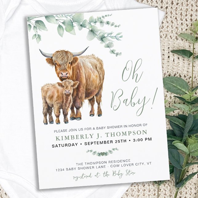 Highland Cow Boho Greenery Sage Baby Shower Invitation Postcard (Creator Uploaded)