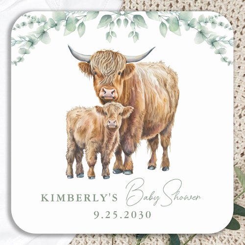 Highland Cow Boho Greenery Sage Baby Shower Square Sticker