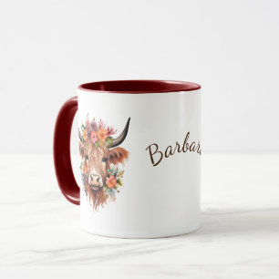 Highland Cow Boho Name with Flowers Design Mug
