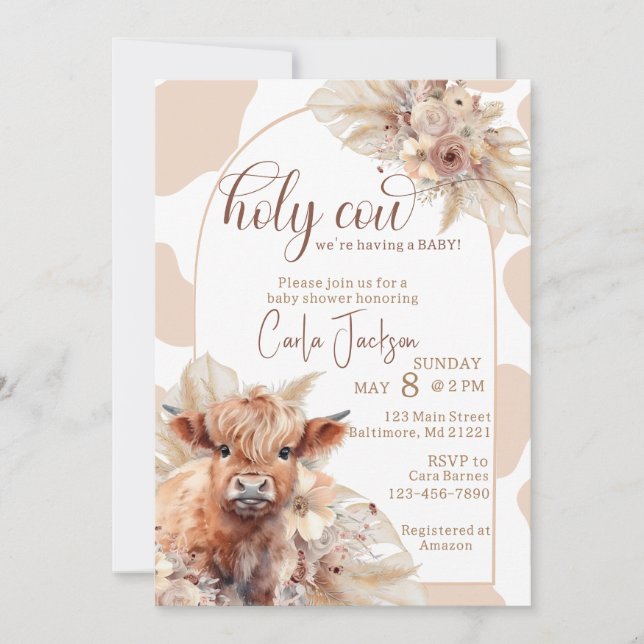  highland cow boho pampas grass baby shower invitation (Front)