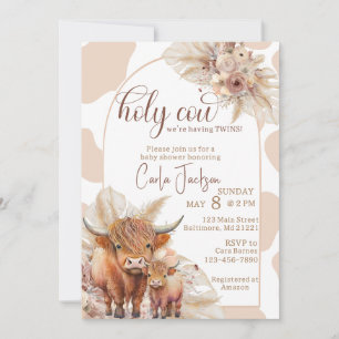 highland cow boho pampas grass twins baby shower invitation