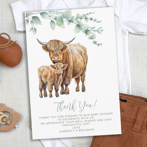 Highland Cow Boho Sage Greenery Baby Shower Thank You Card