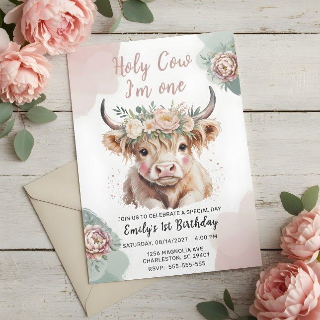 Highland Cow Boho Watercolor First Birthday Invitation (Creator Uploaded)
