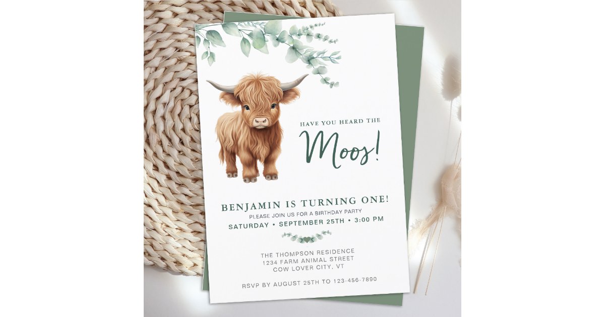 Highland Cow BohoGreenery Farm Animal 1st Birthday Invitation