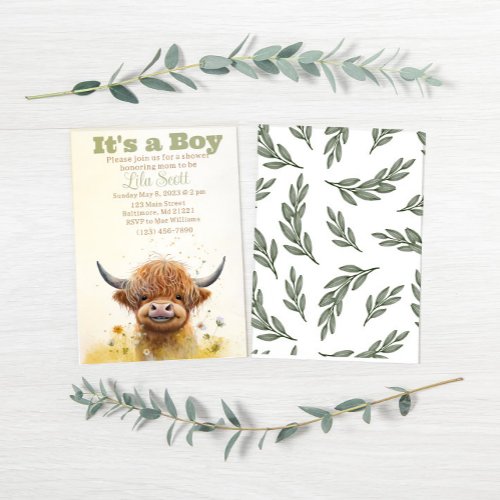 Highland cow boy baby shower invitation 