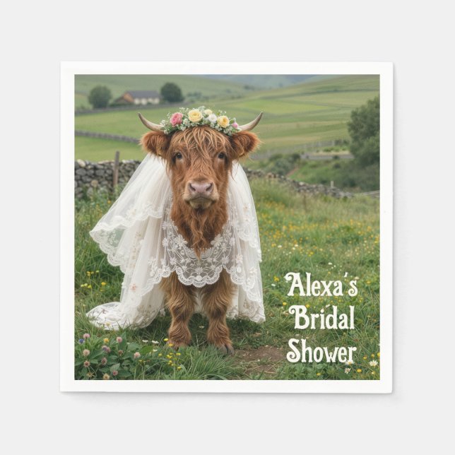 Highland Cow Bride in Lace Veil Napkins (Front)