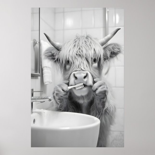 Highland Cow Brushing Teeth Print, Funny Bathroom Poster (Front)