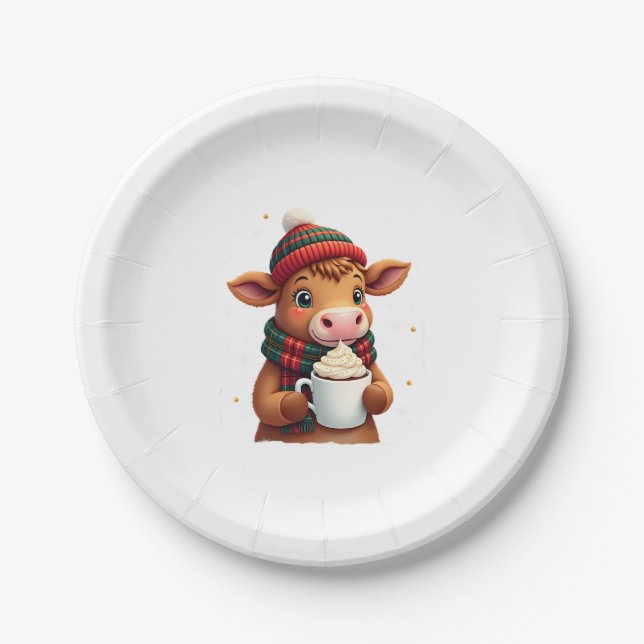 Highland Cow Brushstroke Christmas T-Shirt (4) Paper Plates (Front)