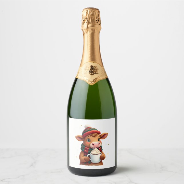 Highland Cow Brushstroke Christmas T-Shirt (4) Sparkling Wine Label (Front)