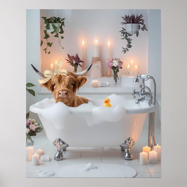 Highland Cow Bubble Bath Bathroom Poster Print (Front)