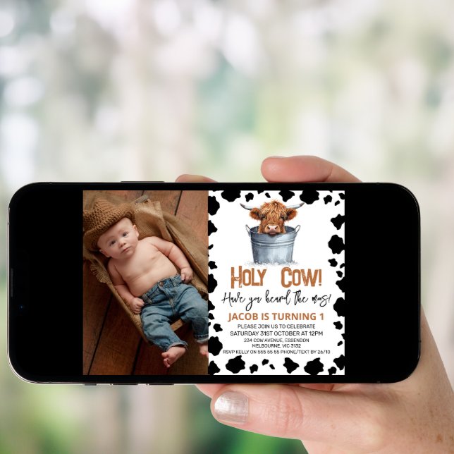 Highland Cow Bucket Cow Print Photo 1st Birthday Invitation (Front Digital)