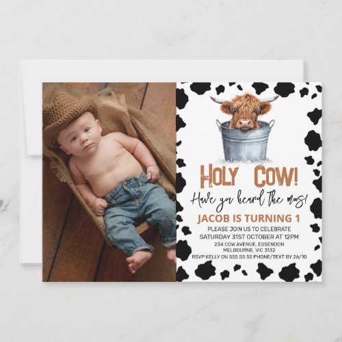 Highland Cow Bucket Cow Print Photo 1st Birthday Invitation