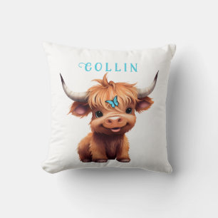 Highland cow butterfly watercolor name pillow