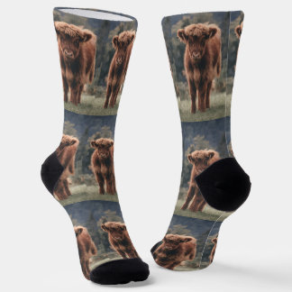 Highland cow calf autumn grass cute rustic pattern socks
